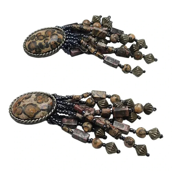 Brown Leopard Jasper Dangle Drop Boho Earrings Silver Tone Vintage - Picture 4 of 7